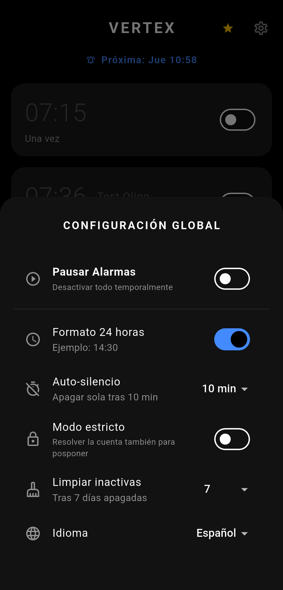 Vertex Alarm — Configuración