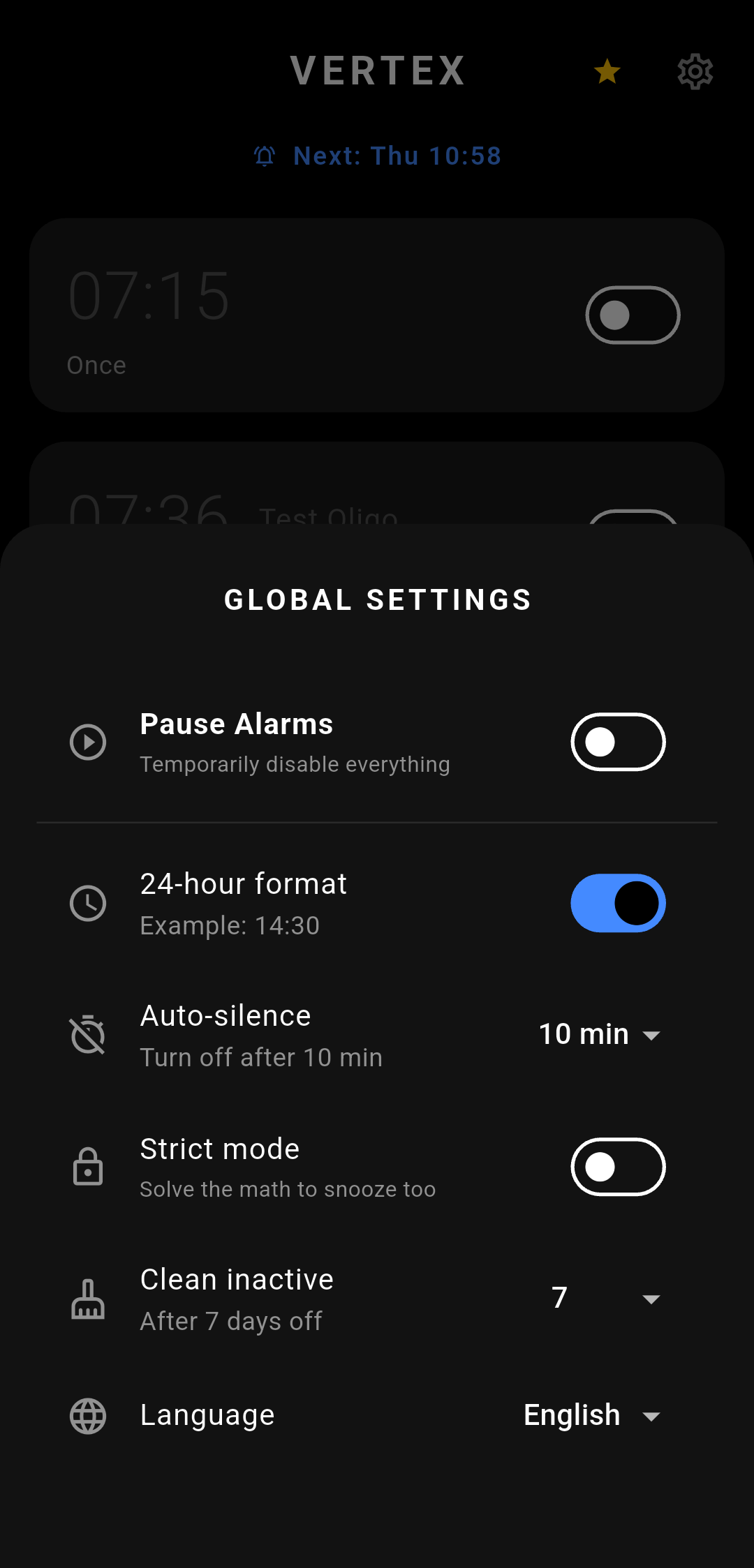Vertex Alarm — Settings
