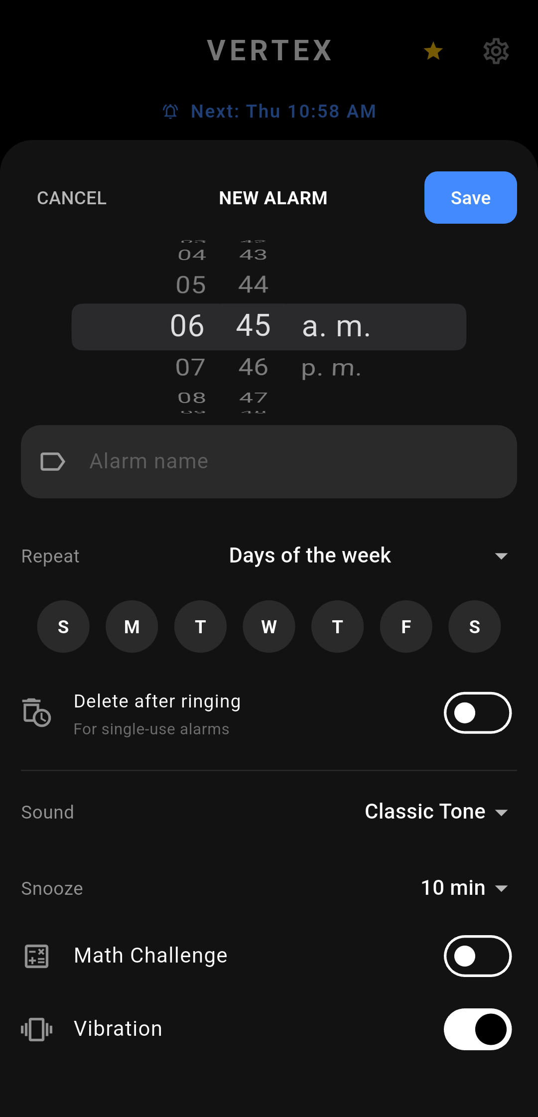 Vertex Alarm — New alarm
