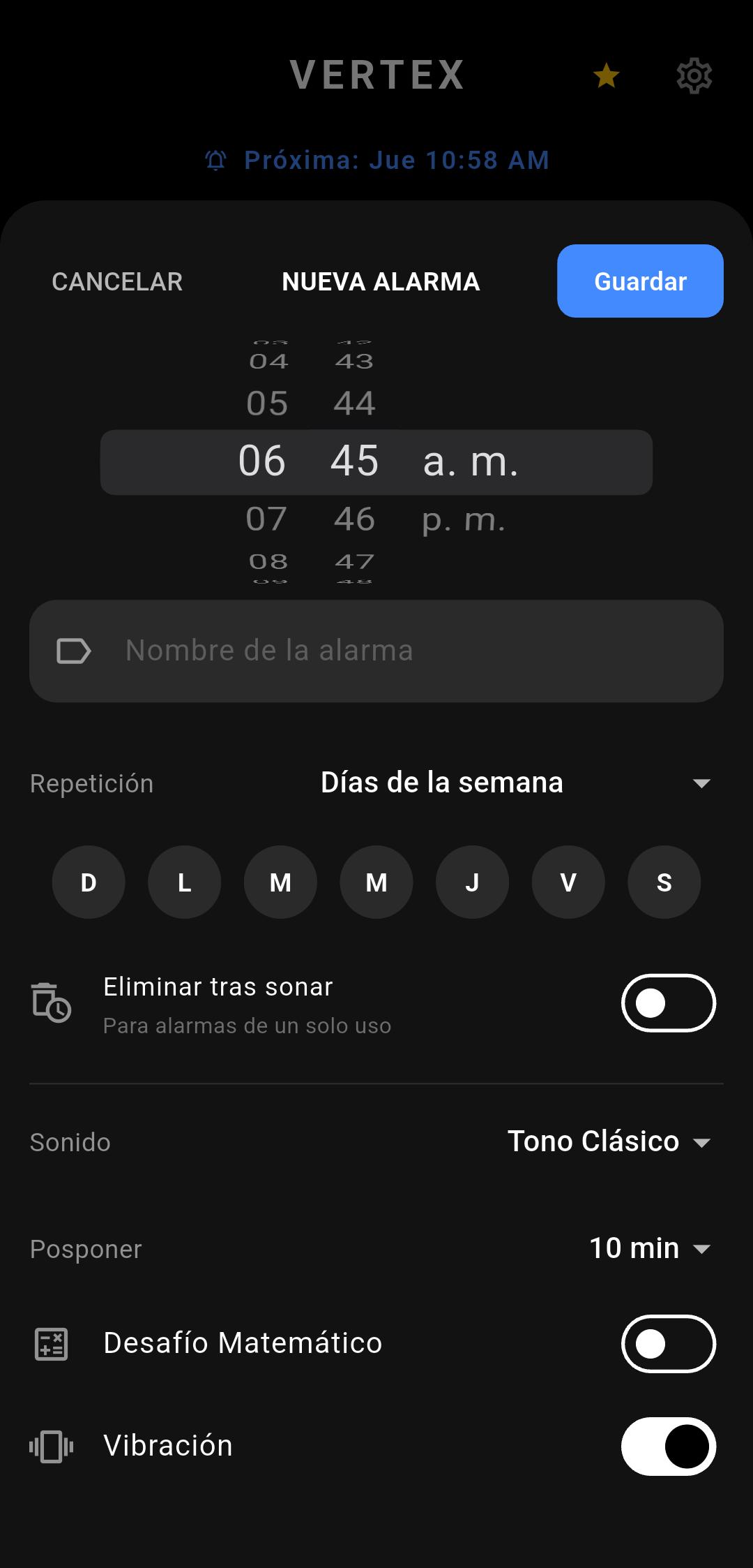 Vertex Alarm — Nueva alarma